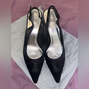 Stuart Weitzman Black Satin Slingback Pointed Toe Heels – Size 9